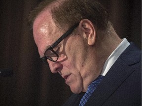 Marcel Aubut, the former president of the Canadian Olympic Committee speaks to reporters in Montreal Friday, October 9, 2015. Aubut apologized for his behaviour amid widespread allegations he sexually harassed several women.