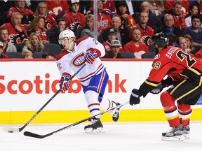 Canadiens' Dale Weise takes a shot Friday night in Calgary. After scoring a hat-trick, Weise now has six goals on the season.