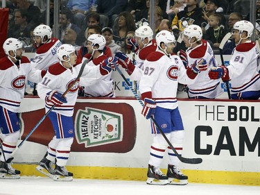 Max Pacioretty (#67) of the Montreal Canadiens celebrates his first-period goal during the game against the Pittsburgh Penguins at Consol Energy Center on October 13, 2015 in Pittsburgh, Pennsylvania.