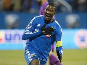 Impact's Patrice Bernier celebrates after scoring against Toronto FC during first half Major League Soccer sudden- death playoff game in Montreal on Thursday, October 29, 2015.