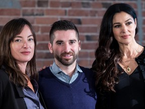 Pascale Bussières (left, with Guy Édoin and Monica Bellucci) praises Ville-Marie's director for "taking a benevolent look at mature women with his films.”