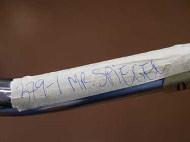 MONTREAL, QUE.: DECEMBER 18, 2013 -- The name hand-written on a piece of tape on the walker belonging to Eighty-six year-old Albert Spiegel at the Institut de réadaptation Gingras-Lindsay-de-Montréal in Montreal on Wednesday, December 18, 2013. Spiegel suffered a heart attack while taking his dog to be put down and was given an emergency dose of medication which left his left leg paralyzed. (Dario Ayala / THE GAZETTE) ORG XMIT: 48815