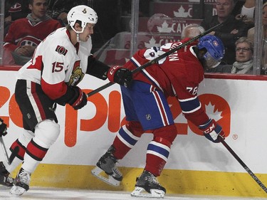 Montreal Canadiens P.K. Subban gets hit on the back by Ottawa Senators Zack Smith's stick during a National Hockey League pre-season game in Montreal Thursday October 1, 2015.