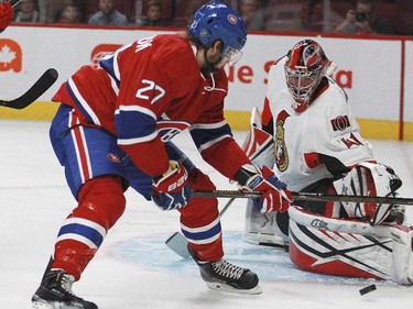 Ottawa Senators goalie Craig Anderson makes a save on shot by Montreal Canadiens Alex Galchenyuk during a National Hockey League pre-season game in Montreal Thursday October 1, 2015.