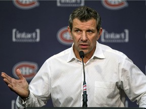 Canadiens general manager Marc Bergevin speaks to the media about at the team's training facility in Brossard, outside Montreal Monday October 05, 2015.  Bergevin spoke about Zack Kassian's injuries after being involved in a traffic incident over the weekend. (John Mahoney / MONTREAL GAZETTE)