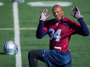 Montreal Alouettes linebacker Kyries Hebert takes part in a team practice at Parc Hebert in Montreal on Saturday, Oct. 10, 2015.