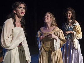 Persephone Productions' Compleat Female Stage Beauty stars Thomas Wilkinson-Fullerton (left, with Riva Rose, centre, and Nicky Fournier) as an actor in 1660s England who is no longer able to portray Shakespearean heroines. The play's scenes involving a staging of Othello proved troublesome for director Christopher Moore.