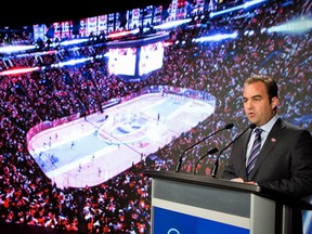 Geoff Molson outlines a $100 million renovation plan for the Bell Centre in Montreal on Wednesday October 14, 2015.