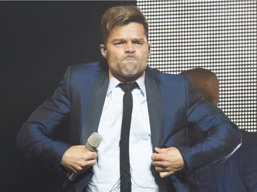 Latin pop superstar Ricky Martin hams it up in performance at the Bell Centre Wednesday, October 14, 2015 in Montreal. The 43-year old is a native of Puerto Rico.