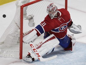 Carey Price of the Canadiens makes a save in the second period against the New York Rangers at the Bell Centre on Thursday, Oct. 15, 2015 in Montreal.