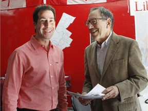 Liberal candidate Anthony Housefather, left, with former Mount Royal MP Irwin Cotler. The riding has voted Liberal for 75 years.