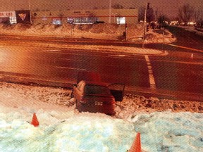 The victims' car shown as evidence at the murder trial of Leslie Greenwood. Greenwood, 45, is alleged to have been the getaway driver when Robert Simpson shot and killed Kirk (Cowboy) Murray and Antonio Onesi on January 24, 2010 in the parking lot of a McDonald's in N.D.G. (Photo courtesy Montreal courthouse)