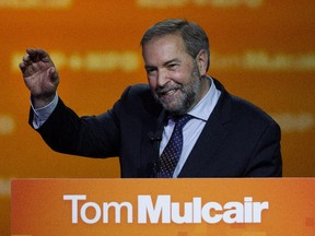 NDP leader Tom Mulcair delivers a speech to party supporters in Montreal Oct. 19, 2015.