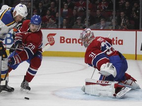 “Rest is a weapon and when you get a chance to get some rest, you have to take it,” says Canadiens defenceman Nathan Beaulieu,  checking Blues’ Kyle Brodziak as goalie Carey Price slides across the crease at the Bell Centre  on Tuesday Oct. 20, 2015.
