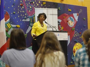 District Attorney of Los Angeles County, Jackie Lacey, speaks at École Pierre Boucher in Boucherville on Thursday, October 22, 2015 during a press conference on Quebec's plan to teach law to Grade 5 students.