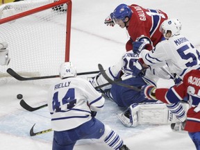 Forward Brendan Gallagher of the Montreal Canadiens watches a shot by teammate P.K. Subban get past goalie Jonathan Bernier of the Toronto Maple Leafs in the first period of an NHL game at the Bell Centre in  Montreal on Saturday, October 24, 2015, in Montreal.