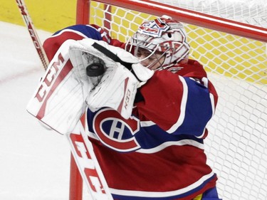 Canadiens goalie Carey Price makes a save against the Toronto Maple Leafs during game at the Bell Centre in Montreal on Oct. 24, 2015.