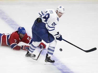 P.K. Subban of the Montreal Canadiens sweeps the puck away from Brad Boyes of the Toronto Maple Leafs in the third period of an NHL game at the Bell Centre in  Montreal on Saturday, October 24, 2015, in Montreal.