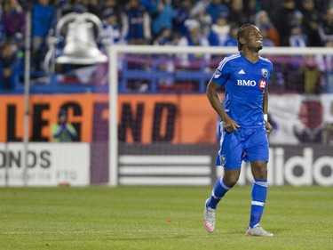 Didier Drogba of the Montreal Impact returns to the field after being hurt in the second half of a game against Toronto FC at Saputo stadium in Montreal Sunday, October 25, 2015. He came out briefly, but later returned limping to the pitch. It was the final game of the M.L.S. season for the Impact
