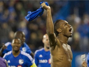 Impact forward Didier Drogba celebrates after 2-1 victory over Toronto FC in MLS regular-season finale at Saputo Stadium on  Oct. 25, 2015. Drogba scored both goals for Montreal.