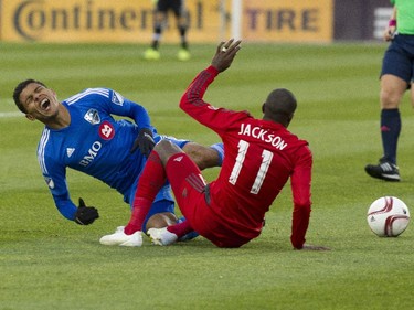 Johan Venegas of the Montreal Impact in a battle with Jackson in the first half of a game against Toronto FC at Saputo stadium in Montreal Sunday, October 25, 2015. It was the final game of the M.L.S. season for the Impact.