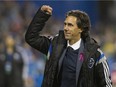 Impact interim head coach Mauro Biello celebrates after 2-1 win over Toronto FC in the final MLS regular-season game at Saputo Stadium on Oct. 25, 2015.