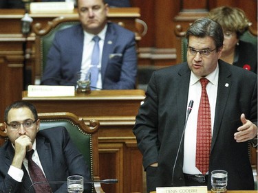 Mayor Denis Coderre, right, participates to the monthly meeting at the Montreal city council meeting on Monday October 26, 2015. Left is city councillor Francesco Miele.