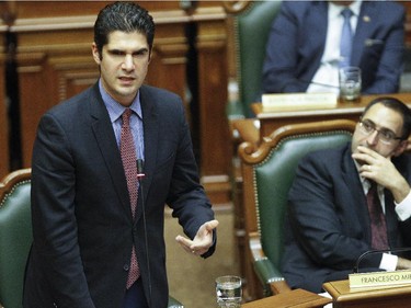 Montreal City Councillor Harout Chitilian participates to the monthly meeting at the Montreal city council meeting on Monday October 26, 2015.Right is city councillor Francesco Miele.