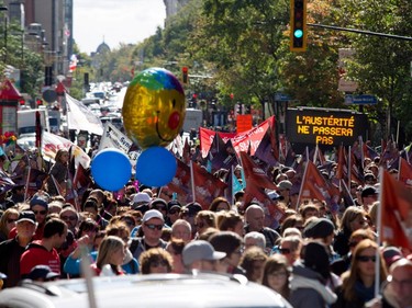 A coalition of public-sector unions demonstrated at Mount-Royal on Saturday, Oct. 3, 2015.