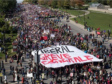 A crowd estimated at over 100,000 people take part in coalition of public-sector unions demonstration in Montreal on Saturday, Oct. 3, 2015.