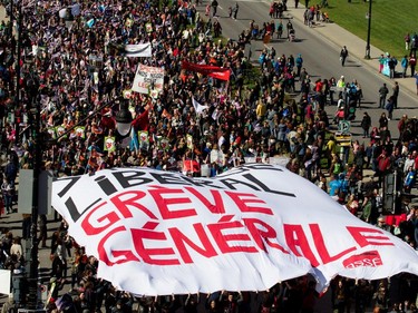 A crowd estimated at over 100,000 people take part in coalition of public-sector unions demonstration in Montreal on Saturday, Oct. 3, 2015.