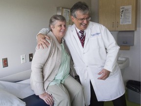 Janet Pegg, 69, with her doctor, Sarkis Meterissian, director of Cedars Breast Clinic of the MUHC in Montreal Thursday, October 30, 2015. In a Quebec first, doctors at the MUHC are carrying out a highly promising clinical trial for certain breast cancer patients. It involves surgery, but then inserting a wand in the surgical site and blasting it with radiation, preventing the need for radiotherapy afterwards. The results to date have been called phenomenonal.