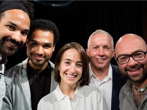 English-language TV personalities at the launch of Vidéotron's MAtv fall programming in Montreal on Wednesday, Sept. 16, 2015. From left: Vahid Vidah, host of Living 2 Gether, Gregory Fortin-Vidah, co-producer of Startline, Tina Tenneriello, host of City Life, Richard Dagenais, host of Montreal Billboard, and Paul Shore, host of The Street Speaks.
