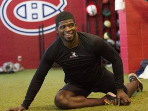 Canadiens defenceman P.K. Subban stretches between physical tests at the Bell Sports Complex in Brossard on Sept. 17, 2015.