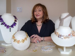 Jeweller Gloria Bass marks 40 years in business this year with a party at the Montreal Museum of Fine Arts and an advertising campaign. Bass with some of her work in her Greene Avenue business in Westmount, on Monday, September 28, 2015. (Dave Sidaway / MONTREAL GAZETTE)