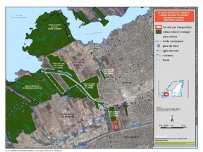 The red border outlines the tract of land in Angell Woods that the Montreal agglomeration council has purchased for $3.5 million. Negotiations continue with two other owners of a significant portion of the woods. (Map courtesy of city of  Montreal.)