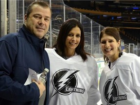 New York Rangers coach Alain Vigneault, former National Hockey League goalie Manon Rhéaume and actress Angie Bullaro, who play Rhéaume in the upcoming bio-pic Between the Pipes. Courtesy of Lazy Kitty Productions.
