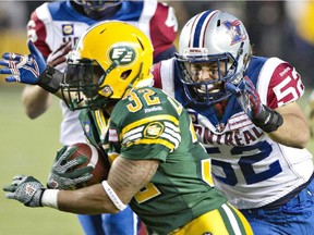 Alouettes linebacker Nicolas Boulay chases Eskimos' Kendial Lawrence during game last year.