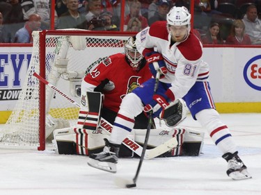 The Ottawa Senators took part in their home opener against the Montreal Canadiens at Canadian Tire Centre in Ottawa Ontario Sunday Oct 11, 2015. Ottawa Senators goalie Matthew O'Connor watches Montreal Canadiens Laes Eller tip the puck during second period action Sunday, Oct. 11, 2015.Network