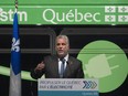 Quebec Premier Philippe Couillard speaks at a press conference in Montreal on Friday, October 9, 2015 concerning the electrification of Quebec's transportation plan.