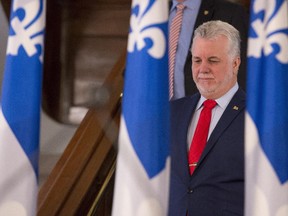 Quebec Premier Philippe Couillard at a news conference Oct. 20, 2015, at the Quebec legislature.