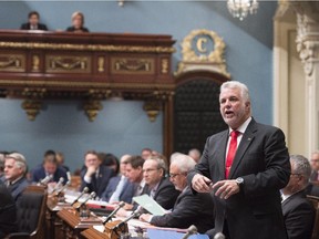 Quebec Premier Philippe Couillard responds to Opposition questions over the business deal with Bombardier, during question period Thursday, October 29, 2015 at the legislature in Quebec City.