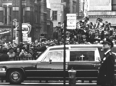 Pierre Laporte's funeral October 20, 1970.  Copyright Montreal Gazette. Credit Tedd Church. Photo used October 21, 1970. See also: James Cross - October Crisis 1970 - Front de Liberation du Quebec (FLQ).