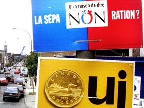 YES and NO signs on Mount Royal Ave. East looking towards the Olympic stadium, during the 1995 referendum campaign.