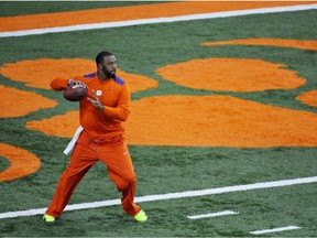 Quarterback Tajh Boyd looks to throw during the Clemson football Pro Day on Thursday, March 6, 2014, in Clemson, S.C.