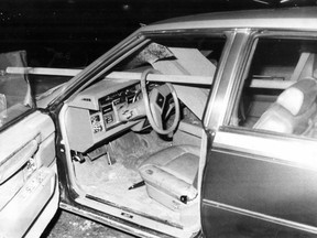 The damaged car of Canadiens star Guy Lafleur with a pole through the windshield in March 1981.
