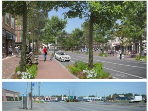 Top image shows what De Lotbiniere Street in Vaudreuil-Dorion could look like in the future. Bottom image is what it looks like now. (Photo courtesy of the city of Vaudreuil-Dorion)