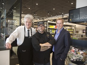 Concierge Jean-Pierre Sauvé, Ian Perreault owner and chef of Chez Lionel and Eric Fortin one of the owners of Valmont grocery store at their Dix30 location.