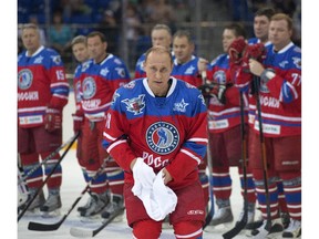 On Wednesday, for his 63rd birthday, Russian President Vladimir Putin takes part in a hockey game between former NHL stars and officials at the Shayba Arena in the Black Sea resort of Sochi, Russia.