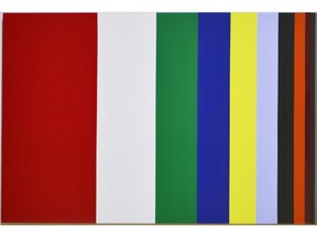 Rad Hourani's acrylic on canvas takes its inspiration from the colours most used in the world's national flags. It is on display at The Arsenal in an exhibition of his works called Rad Hourani: Neutrality, a theme that also governs his unisex fashion designs.